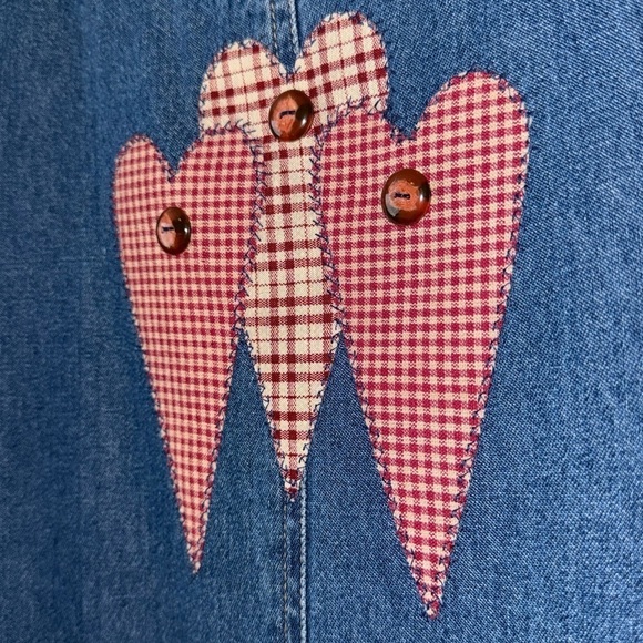 Vintage Haik's Denim Modest Patchwork Hearts Maxi Dress Buckle Straps Sz Large - Picture 7 of 14